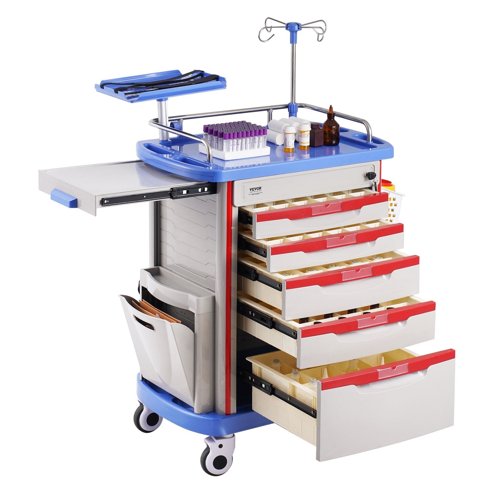 VEVOR 5 Tiers Lab Carts Mobile Medical Cart with 5 Drawers & 2 Trash Cans Blue 