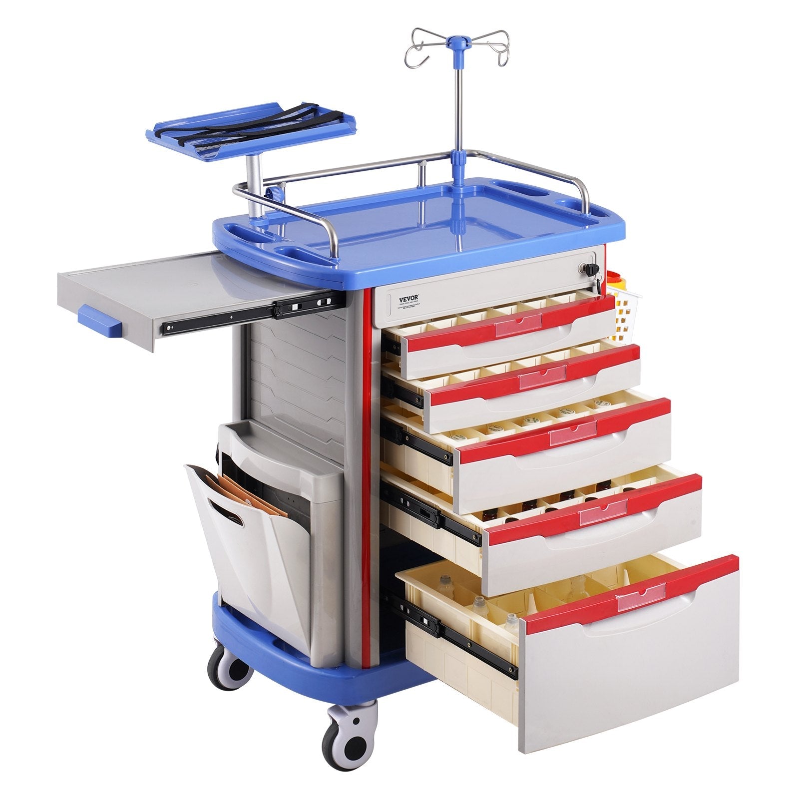 VEVOR 5 Tiers Lab Carts Mobile Medical Cart with 5 Drawers & 2 Trash Cans Blue 