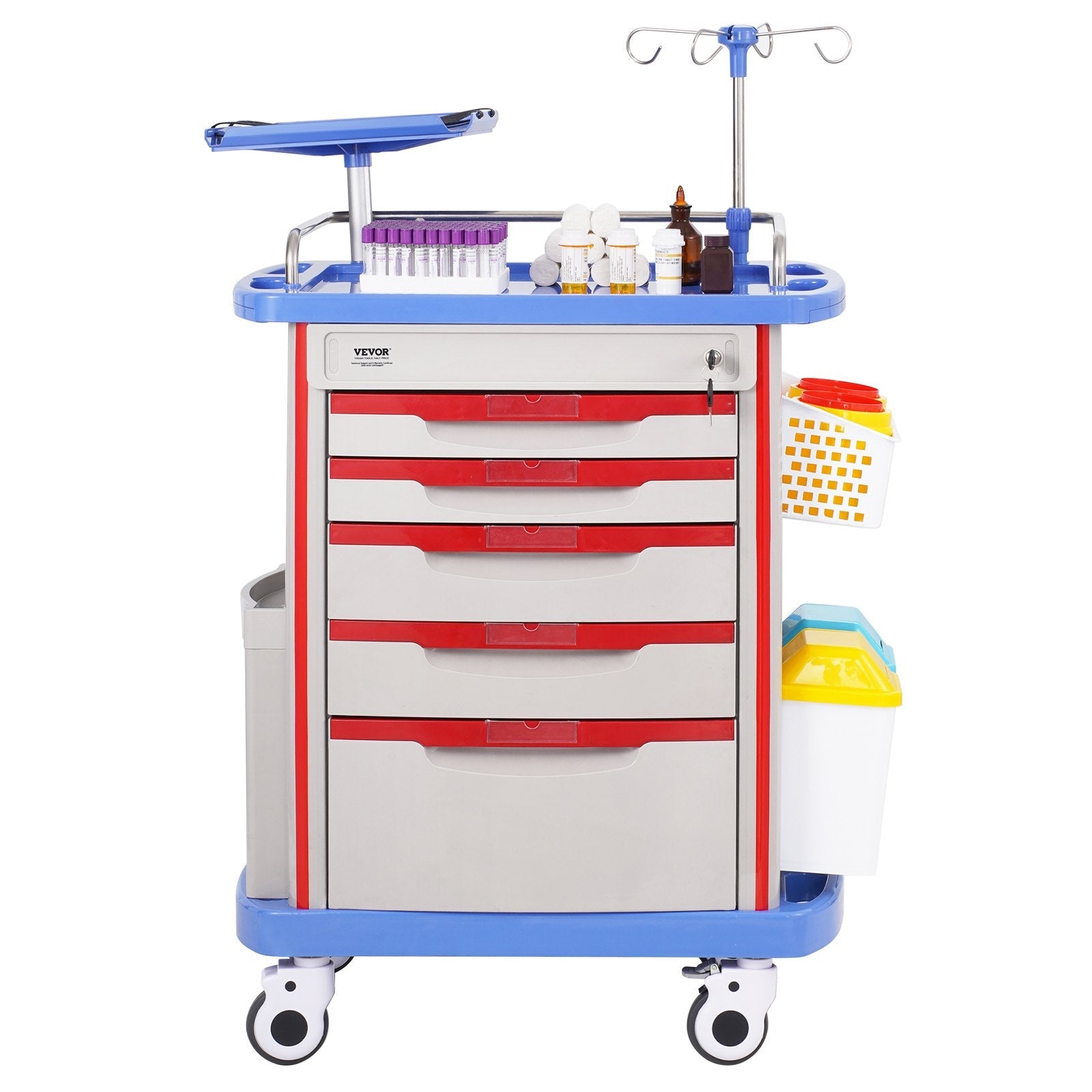 VEVOR 5 Tiers Lab Carts Mobile Medical Cart with 5 Drawers & 2 Trash Cans Blue 