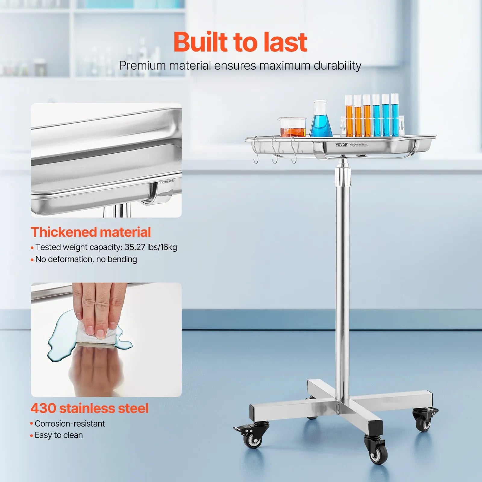 VEVOR Mobile Mayo Stand Stainless Steel Mayo Tray 25.2-39.8" with Removable Tray