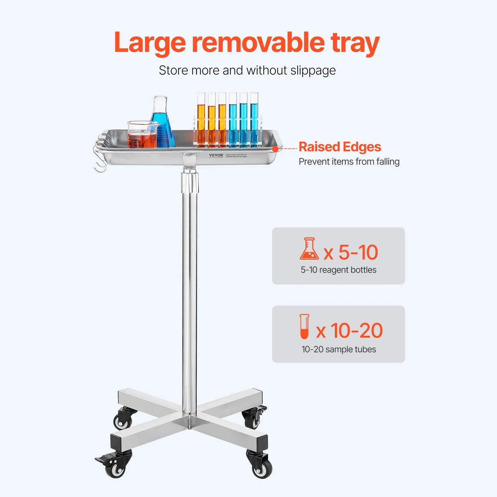 VEVOR Mobile Mayo Stand Stainless Steel Mayo Tray 25.2-39.8" with Removable Tray