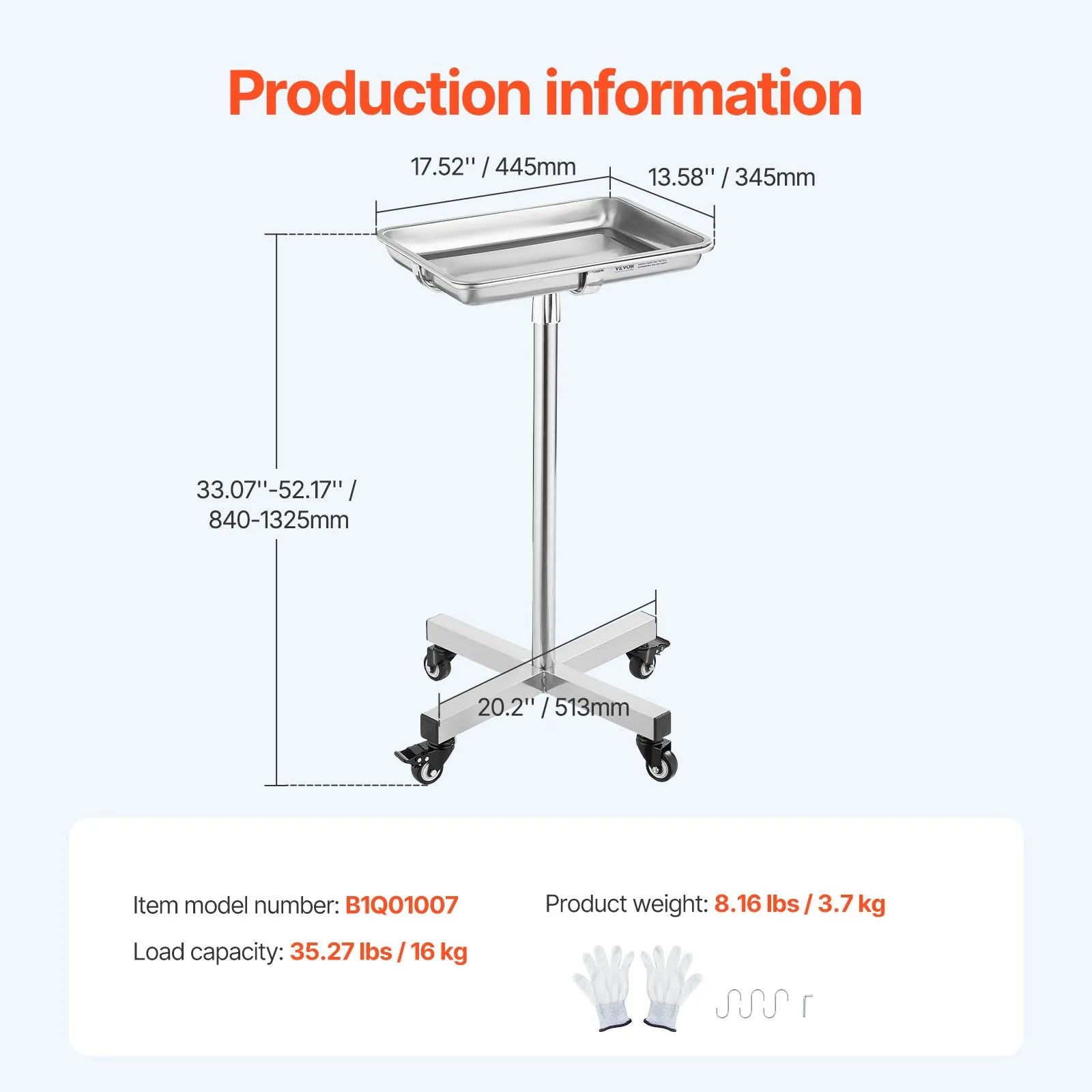 VEVOR Mobile Mayo Stand Stainless Steel Mayo Tray 25.2-39.8" with Removable Tray