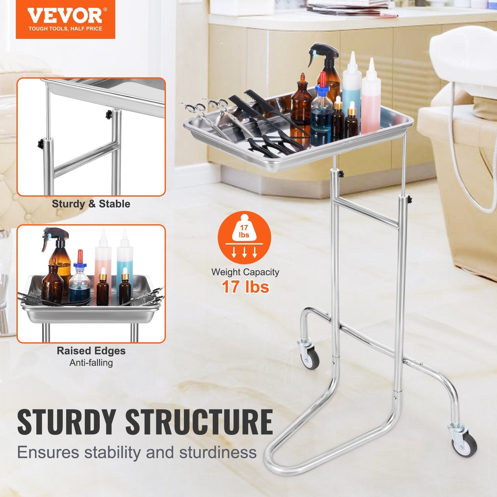 VEVOR Stainless Steel Lab Cart with Single Tray & 2 Silent Wheels for Lab Clinic 