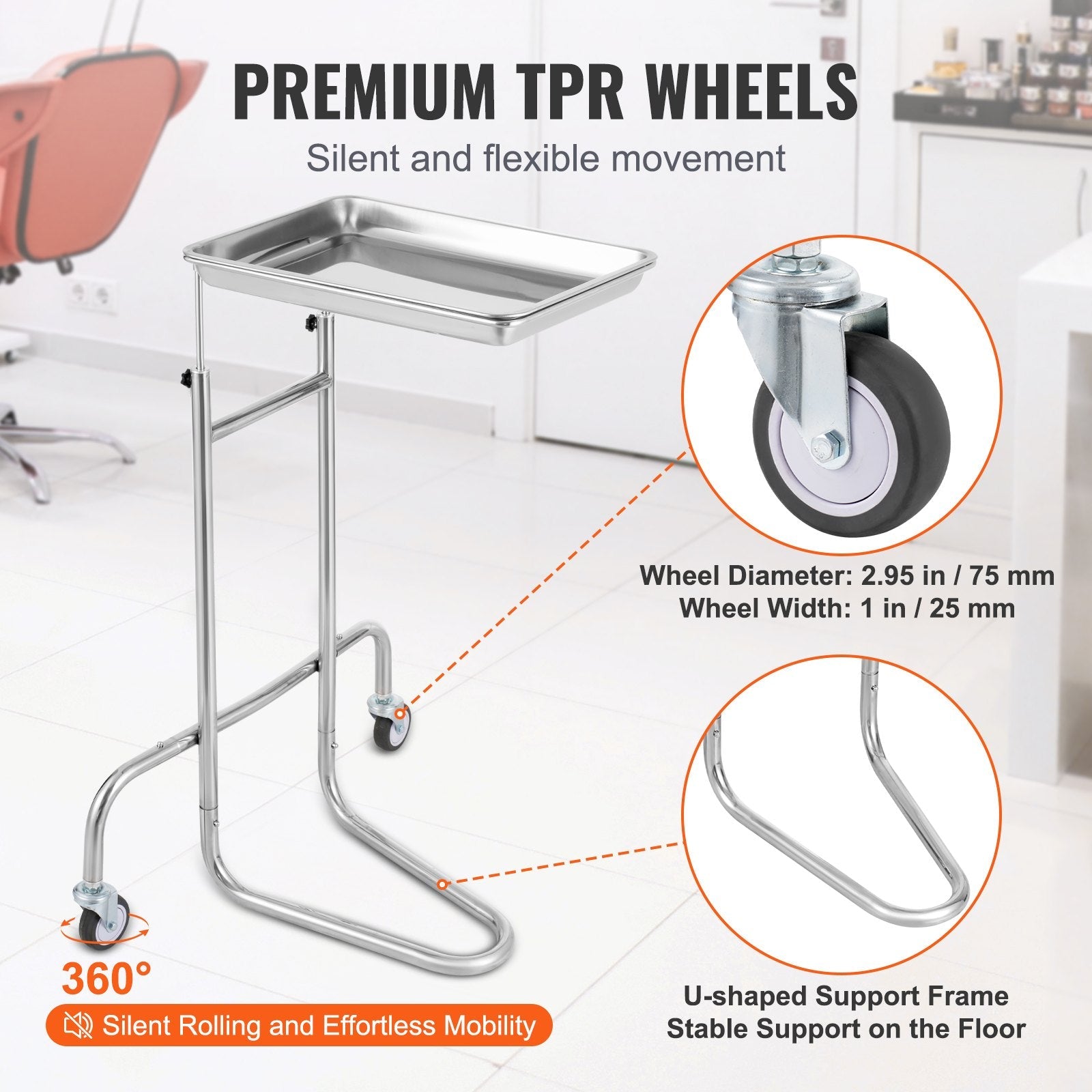 VEVOR Stainless Steel Lab Cart with Single Tray & 2 Silent Wheels for Lab Clinic 