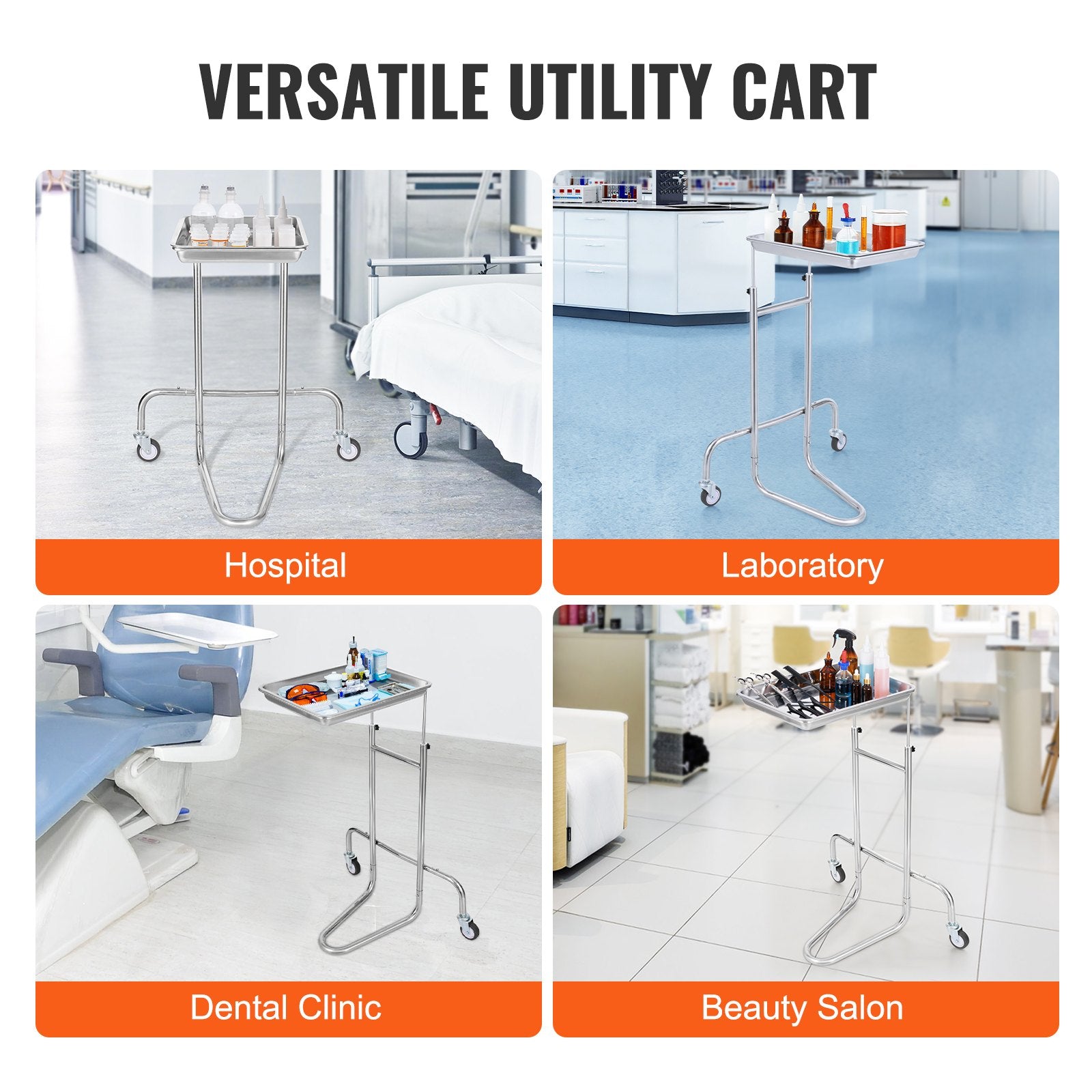 VEVOR Stainless Steel Lab Cart with Single Tray & 2 Silent Wheels for Lab Clinic 