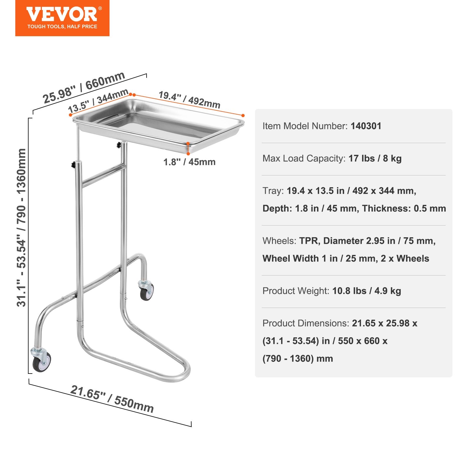 VEVOR Stainless Steel Lab Cart with Single Tray & 2 Silent Wheels for Lab Clinic 