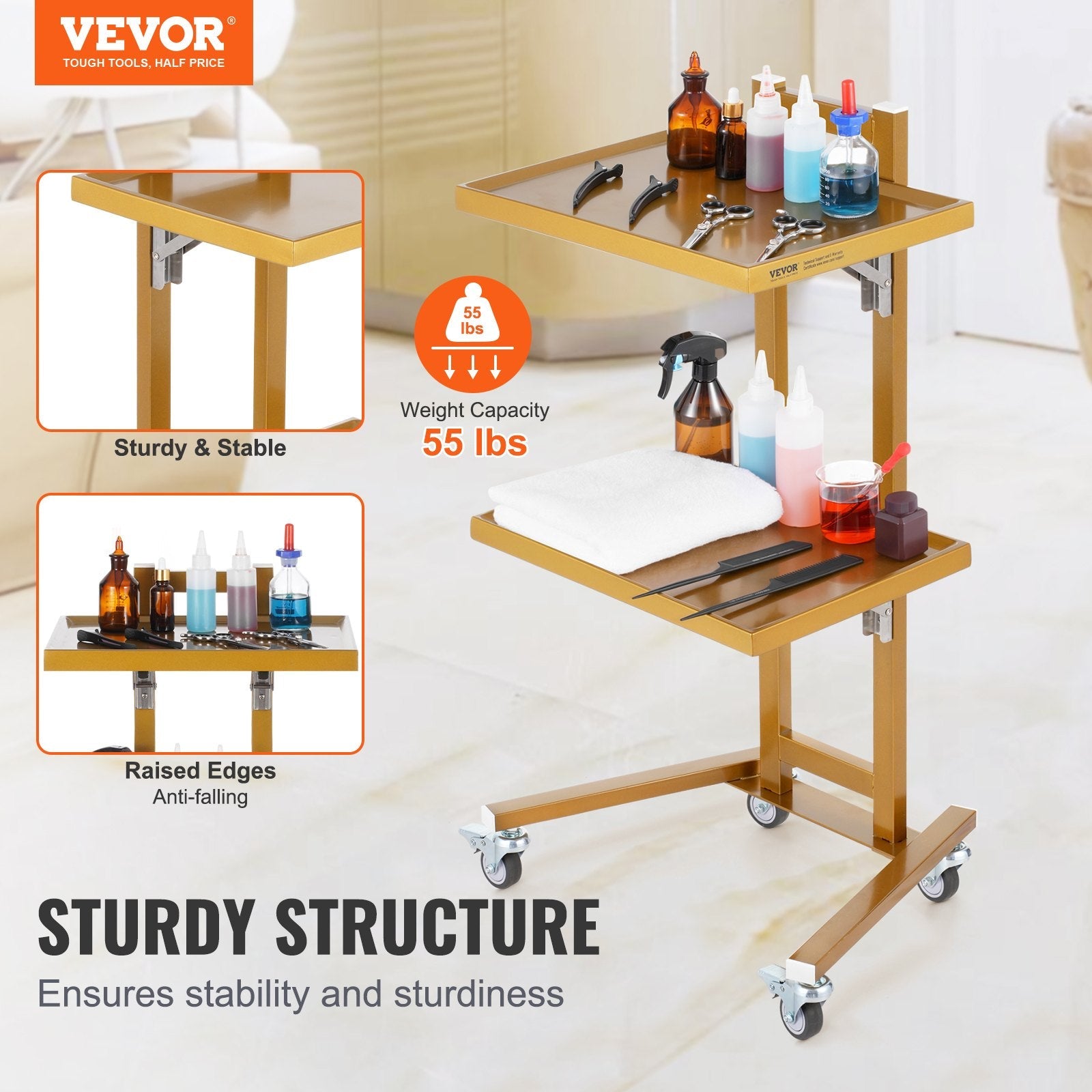 VEVOR 2 Tiers Stainless Steel Lab Carts with 2 Trays & 4 Silent Wheels Golden 