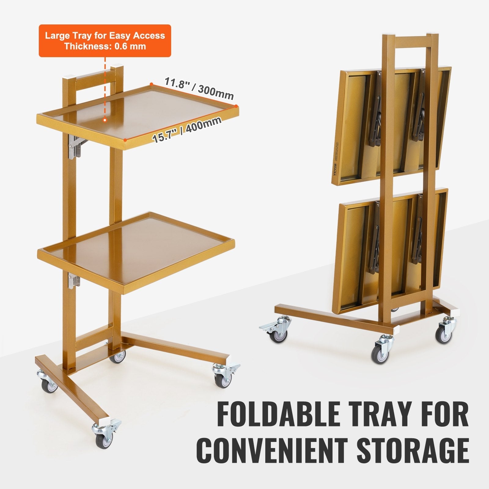 VEVOR 2 Tiers Stainless Steel Lab Carts with 2 Trays & 4 Silent Wheels Golden 