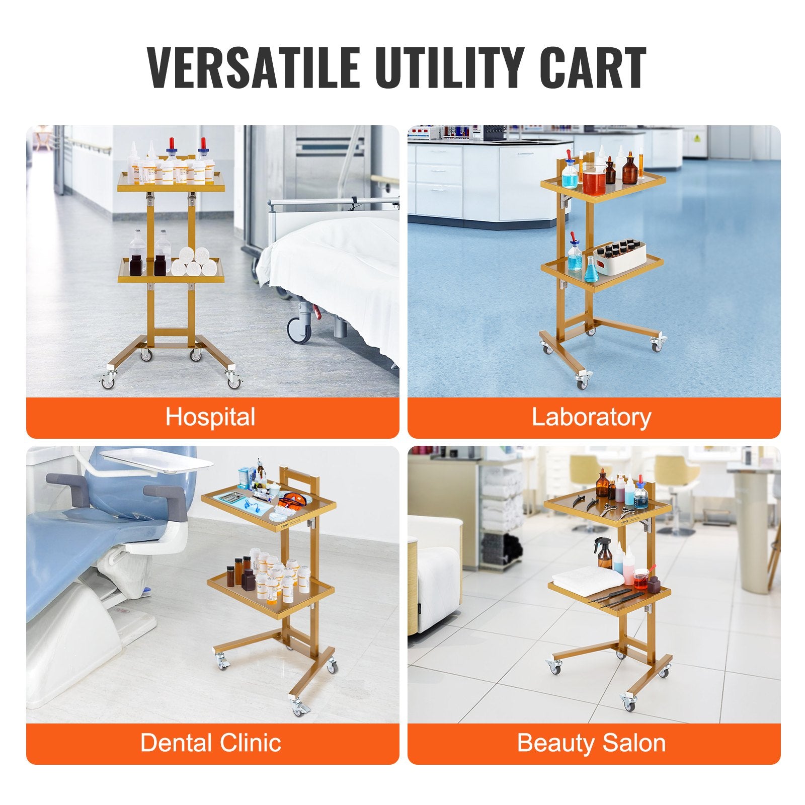 VEVOR 2 Tiers Stainless Steel Lab Carts with 2 Trays & 4 Silent Wheels Golden 