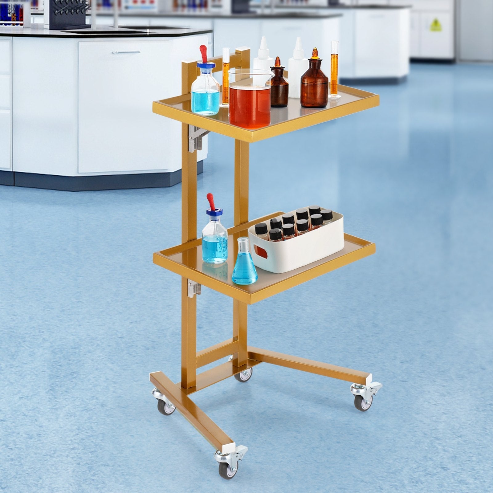 VEVOR 2 Tiers Stainless Steel Lab Carts with 2 Trays & 4 Silent Wheels Golden 