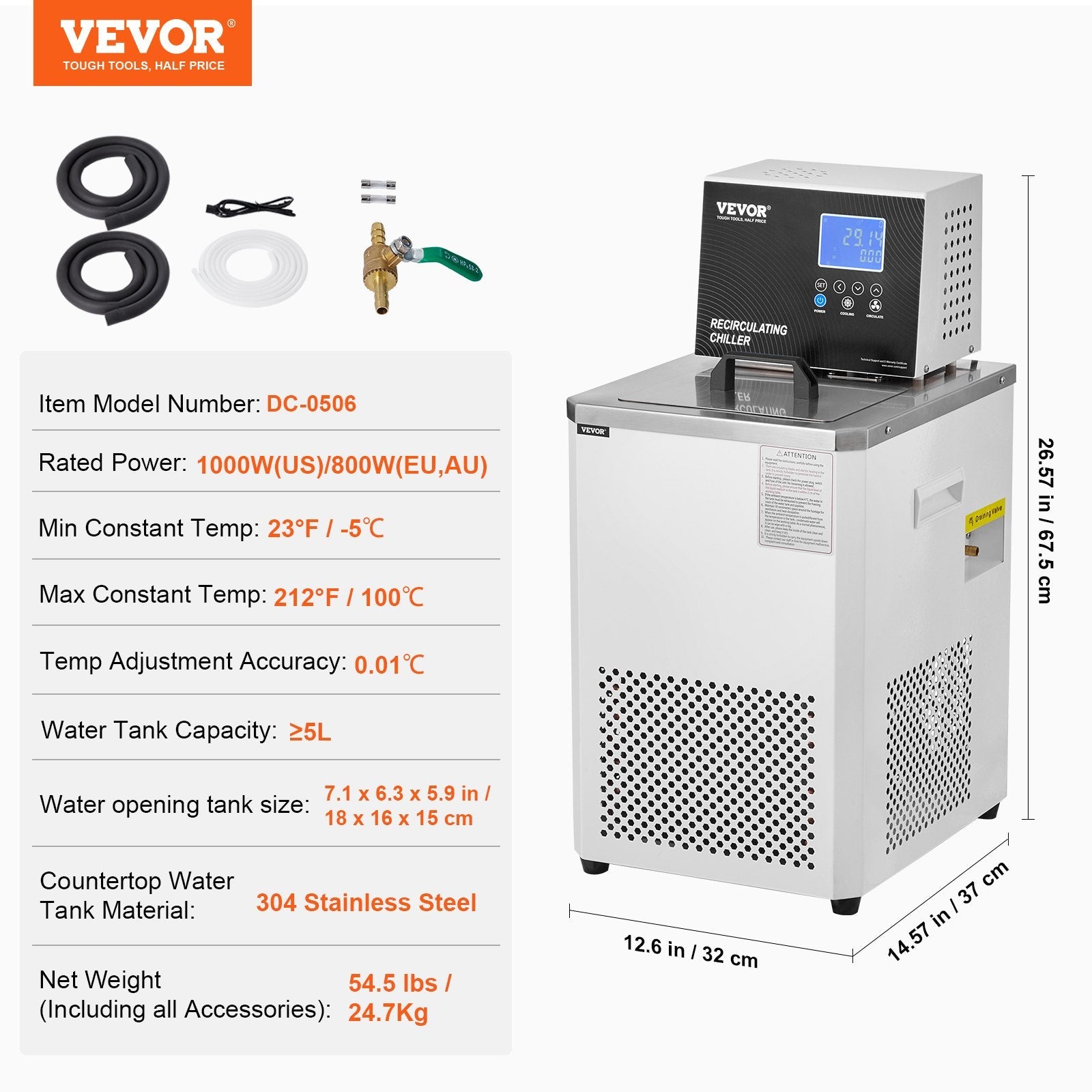 VEVOR Laboratory Chiller Circulator 6L Lab Recirculating Chiller 23°F-212°F 