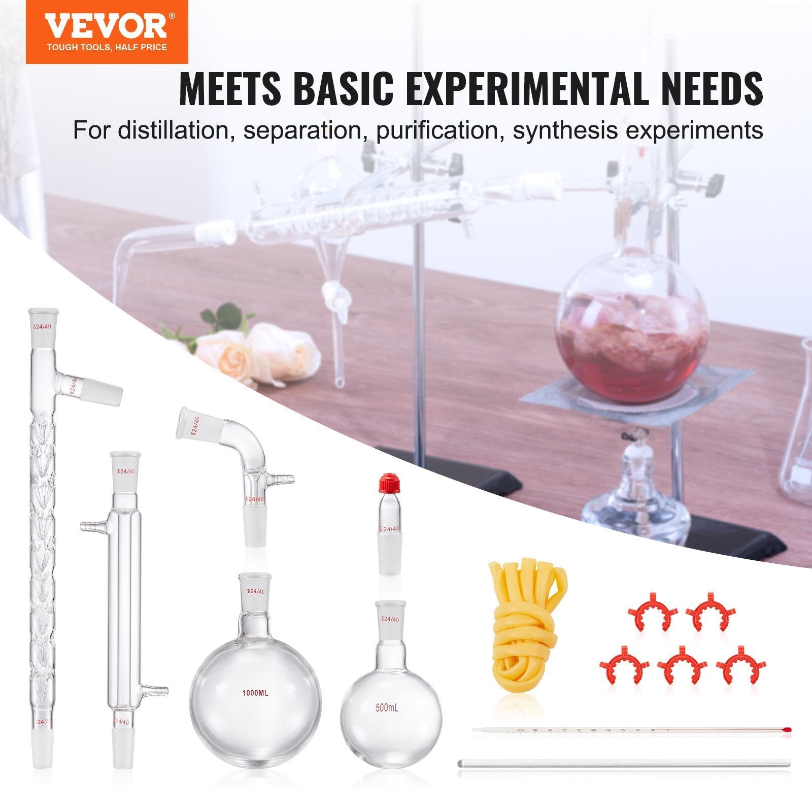 VEVOR Lab Distillation Kit, 3.3 Boro Lab Glassware Distillation Kit with 24, 40 Joint, 1000ml Essential Oil Distillation Apparatus Kit, 14 pcs Set of Glassware Equipment 