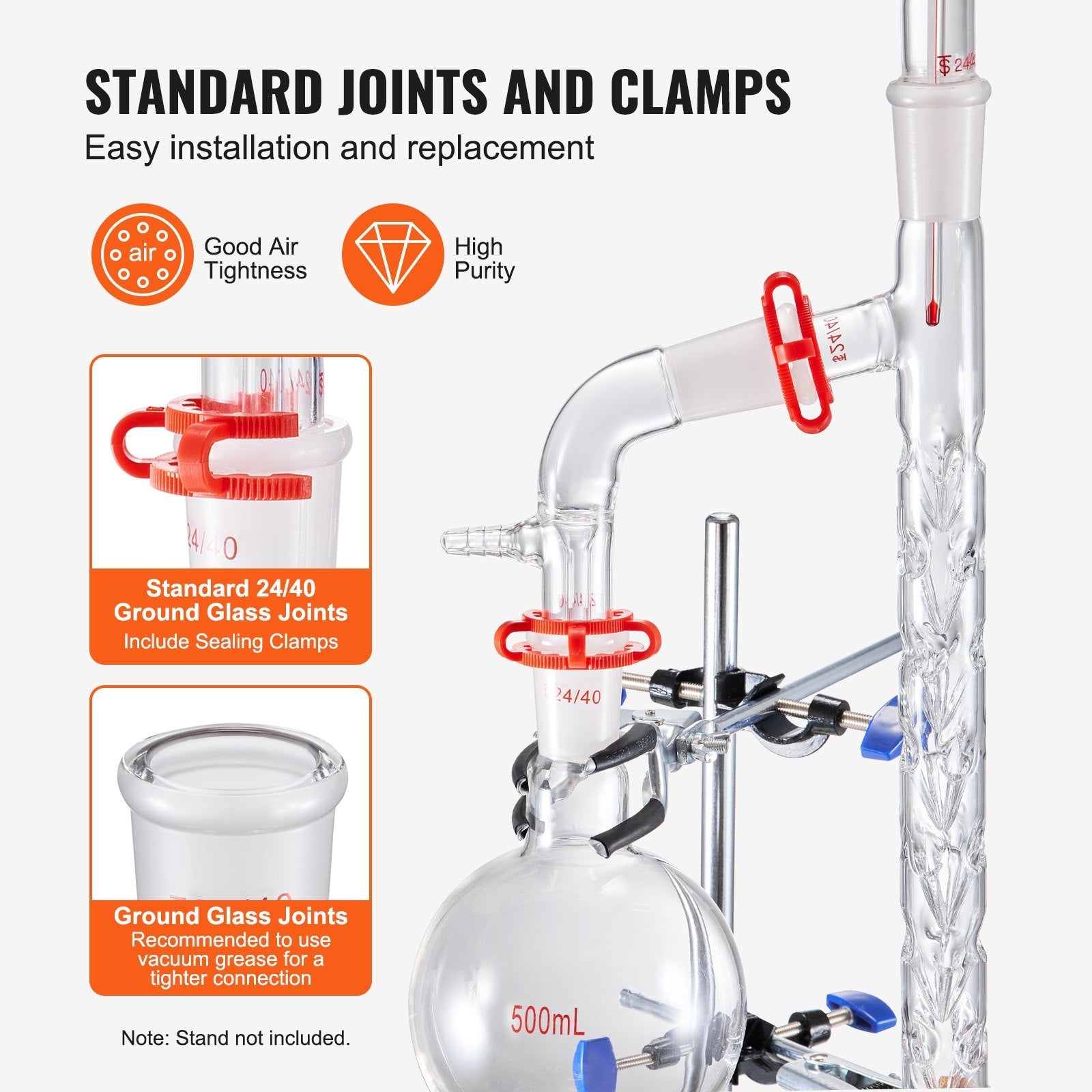 VEVOR Lab Distillation Kit, 3.3 Boro Lab Glassware Distillation Kit with 24, 40 Joint, 1000ml Essential Oil Distillation Apparatus Kit, 14 pcs Set of Glassware Equipment 