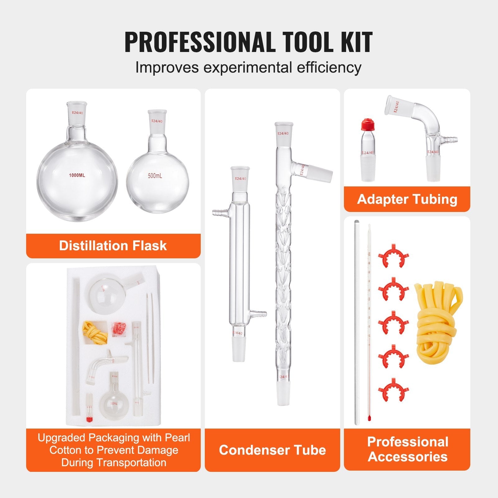 VEVOR Lab Distillation Kit, 3.3 Boro Lab Glassware Distillation Kit with 24, 40 Joint, 1000ml Essential Oil Distillation Apparatus Kit, 14 pcs Set of Glassware Equipment 