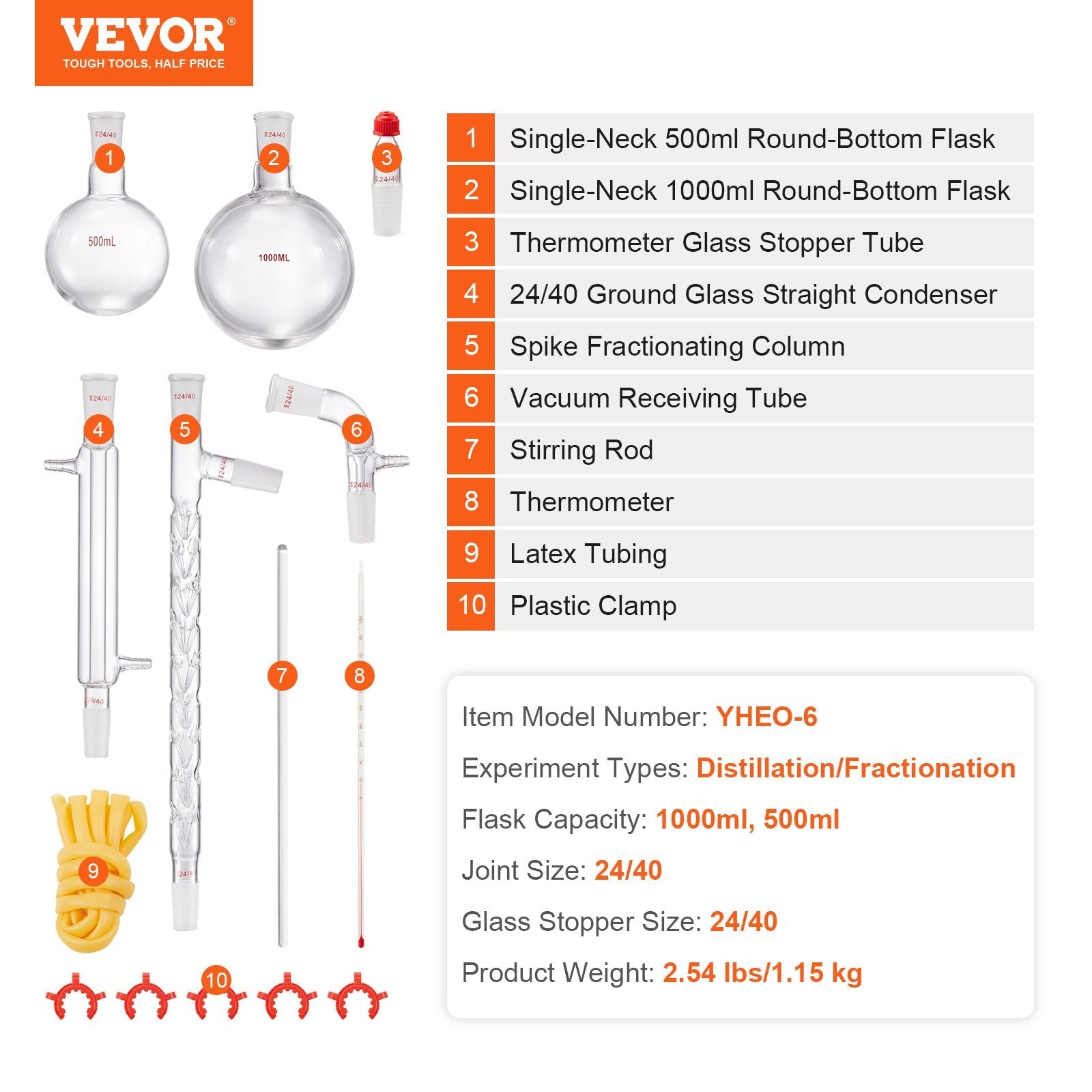 VEVOR Lab Distillation Kit, 3.3 Boro Lab Glassware Distillation Kit with 24, 40 Joint, 1000ml Essential Oil Distillation Apparatus Kit, 14 pcs Set of Glassware Equipment 
