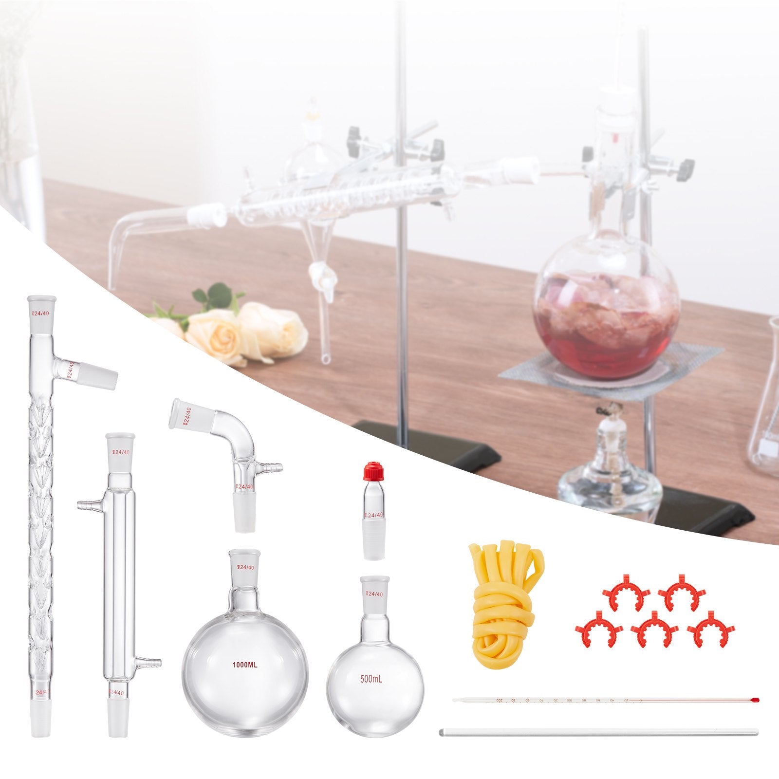 VEVOR Lab Distillation Kit, 3.3 Boro Lab Glassware Distillation Kit with 24, 40 Joint, 1000ml Essential Oil Distillation Apparatus Kit, 14 pcs Set of Glassware Equipment 