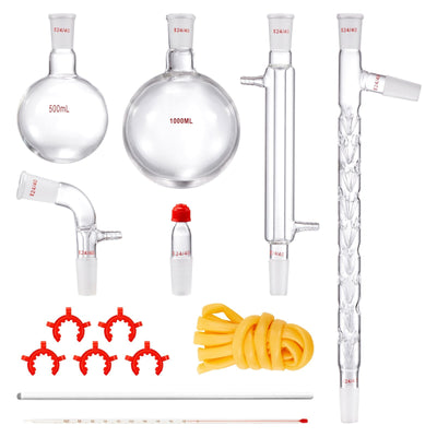 VEVOR Lab Distillation Kit, 3.3 Boro Lab Glassware Distillation Kit with 24, 40 Joint, 1000ml Essential Oil Distillation Apparatus Kit, 14 pcs Set of Glassware Equipment 