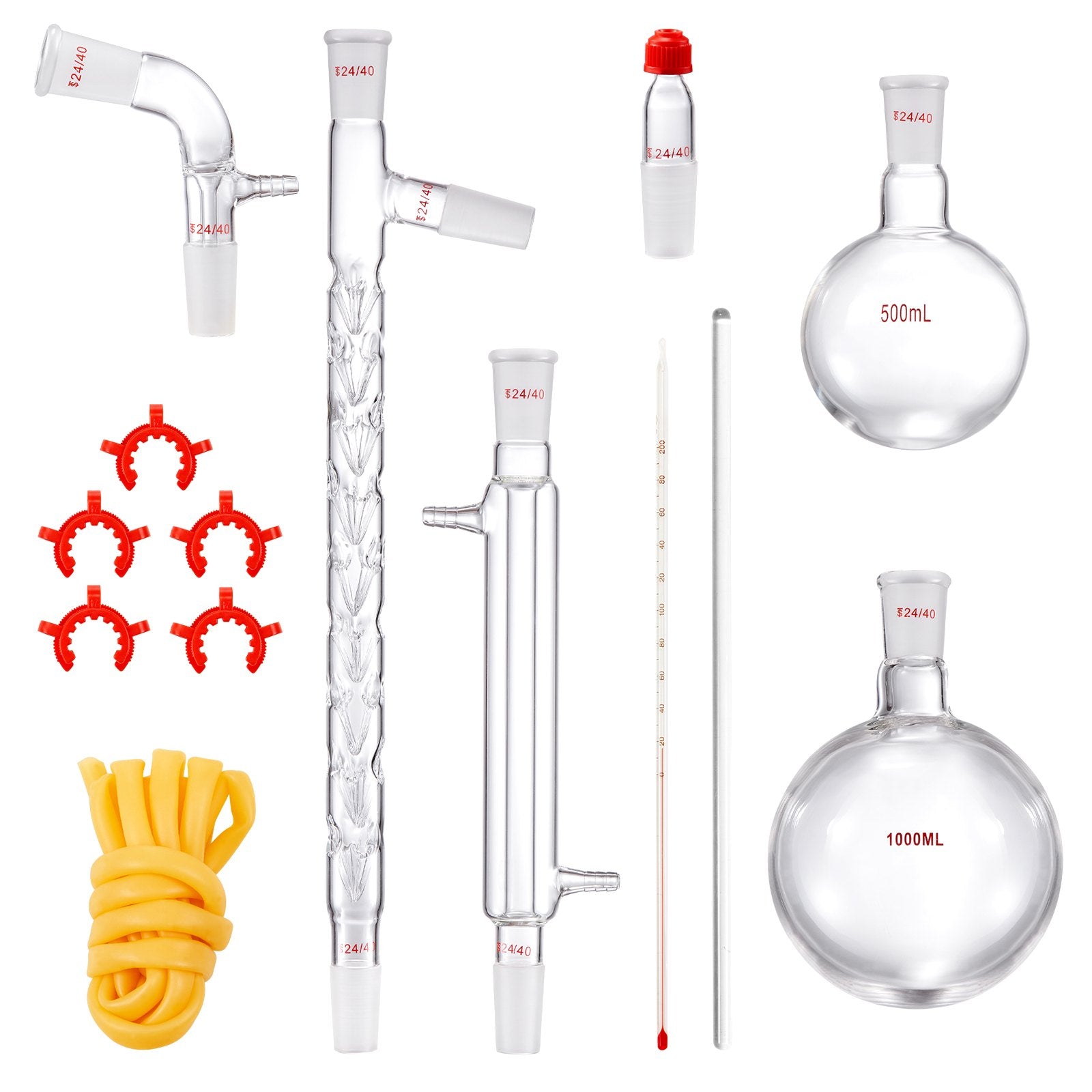 VEVOR Lab Distillation Kit, 3.3 Boro Lab Glassware Distillation Kit with 24, 40 Joint, 1000ml Essential Oil Distillation Apparatus Kit, 14 pcs Set of Glassware Equipment 