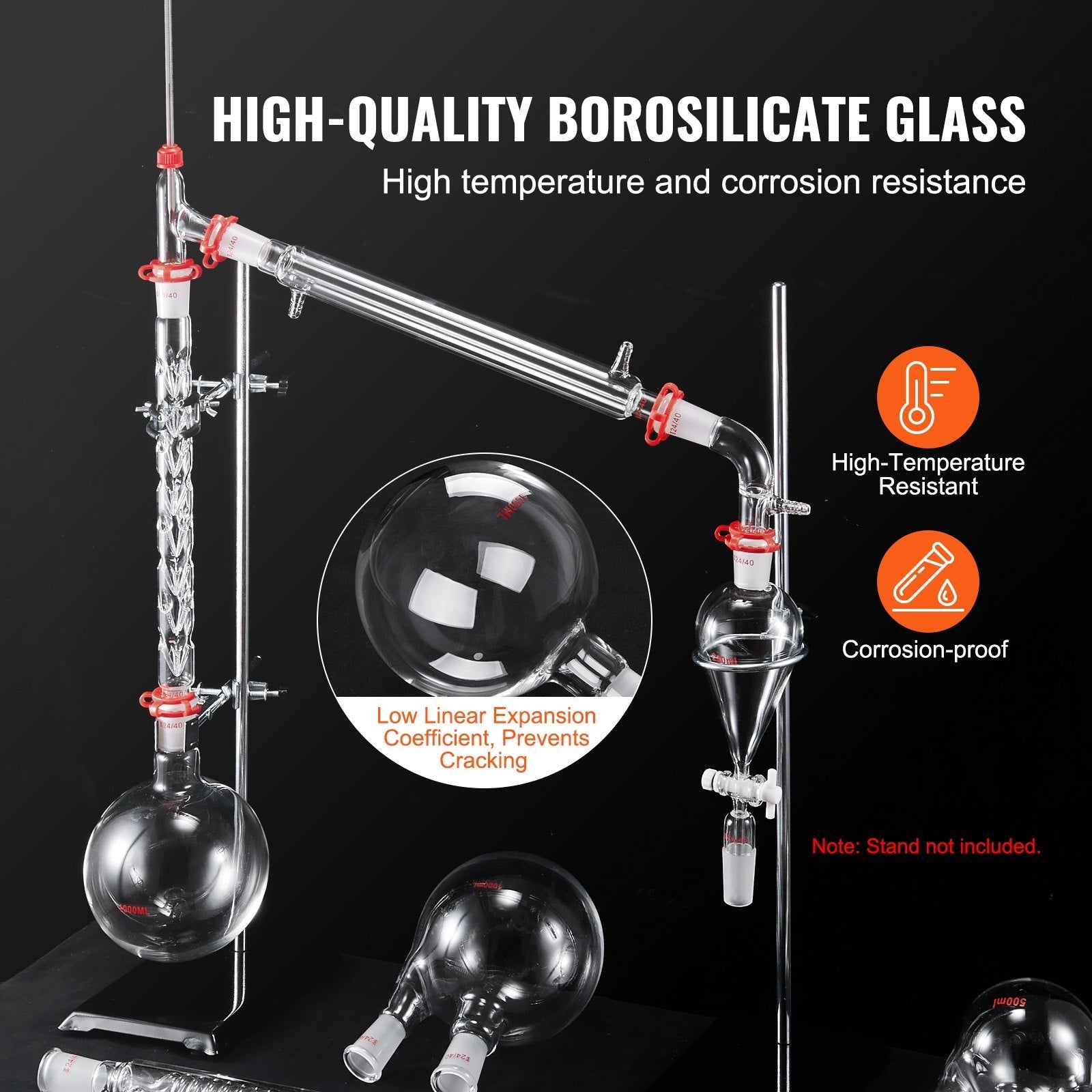 VEVOR Lab Distillation Kit, 3.3 Boro Lab Glassware Distillation Kit with 24, 40 Joint, 1000ml Essential Oil Distillation Apparatus Kit, 32 pcs Set of Glassware Equipment 