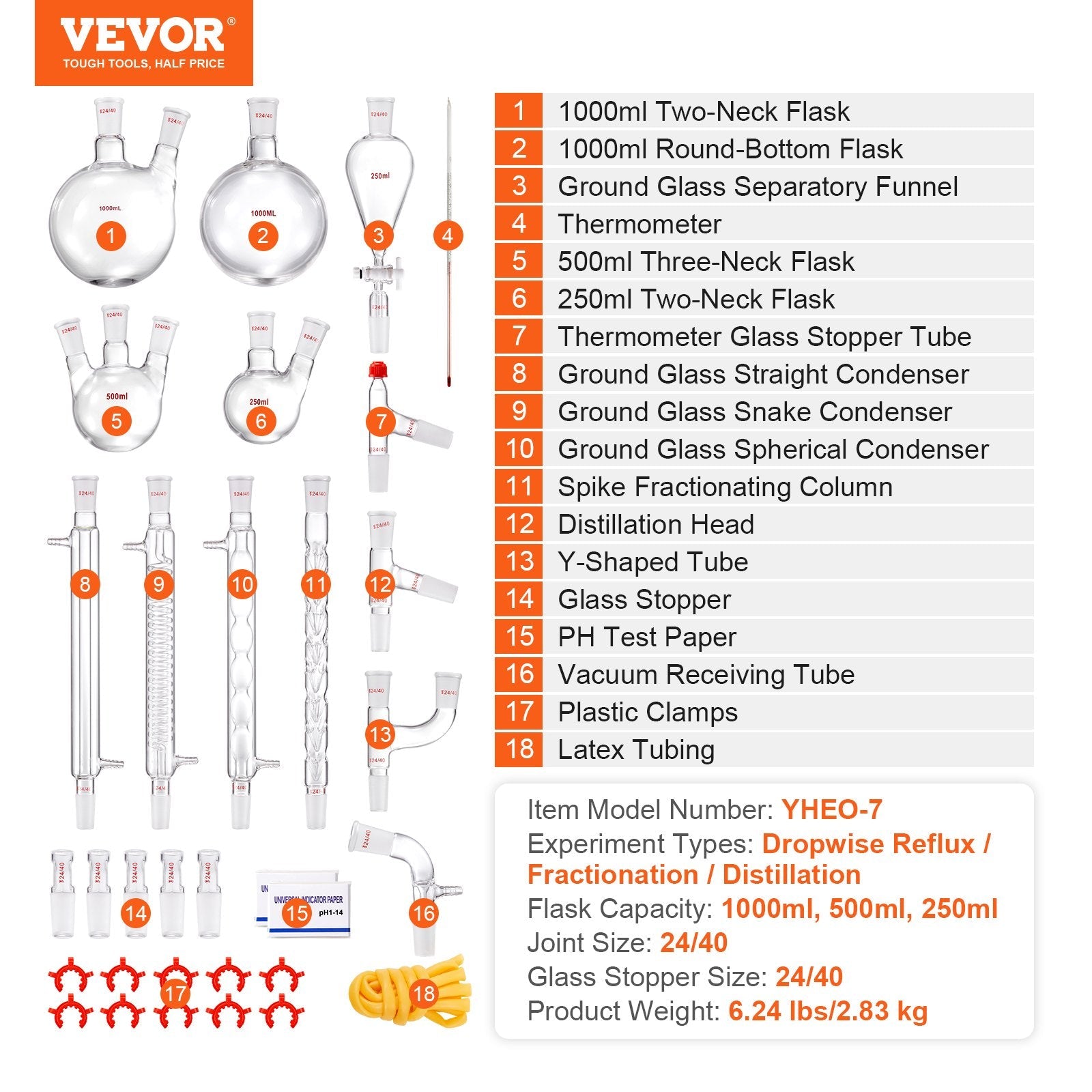 VEVOR Lab Distillation Kit, 3.3 Boro Lab Glassware Distillation Kit with 24, 40 Joint, 1000ml Essential Oil Distillation Apparatus Kit, 32 pcs Set of Glassware Equipment 