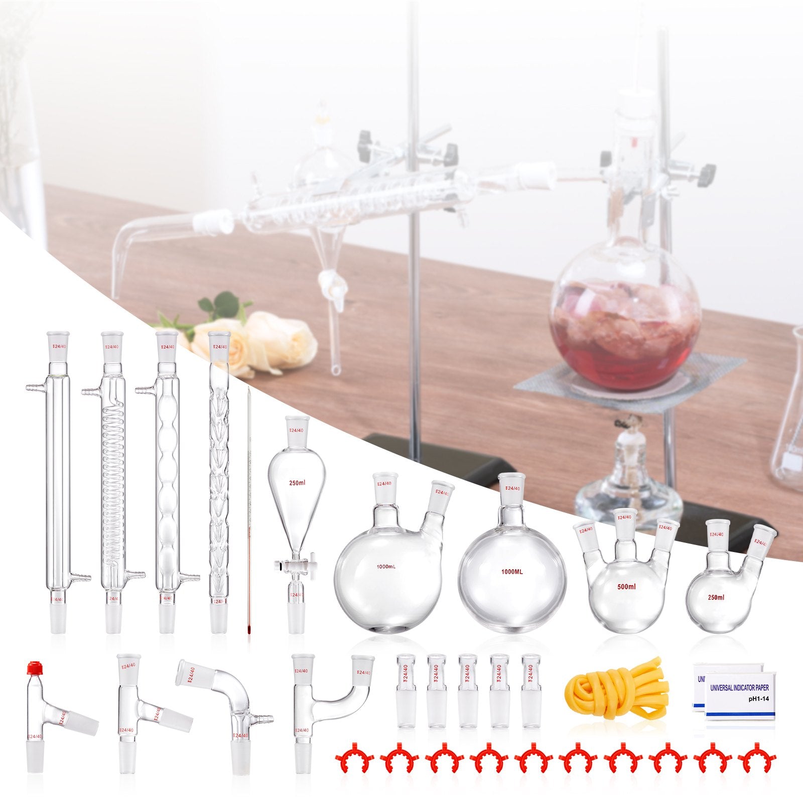 VEVOR Lab Distillation Kit, 3.3 Boro Lab Glassware Distillation Kit with 24, 40 Joint, 1000ml Essential Oil Distillation Apparatus Kit, 32 pcs Set of Glassware Equipment 