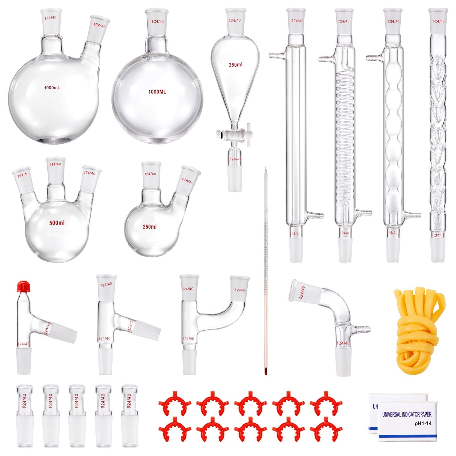 VEVOR Lab Distillation Kit, 3.3 Boro Lab Glassware Distillation Kit with 24, 40 Joint, 1000ml Essential Oil Distillation Apparatus Kit, 32 pcs Set of Glassware Equipment 