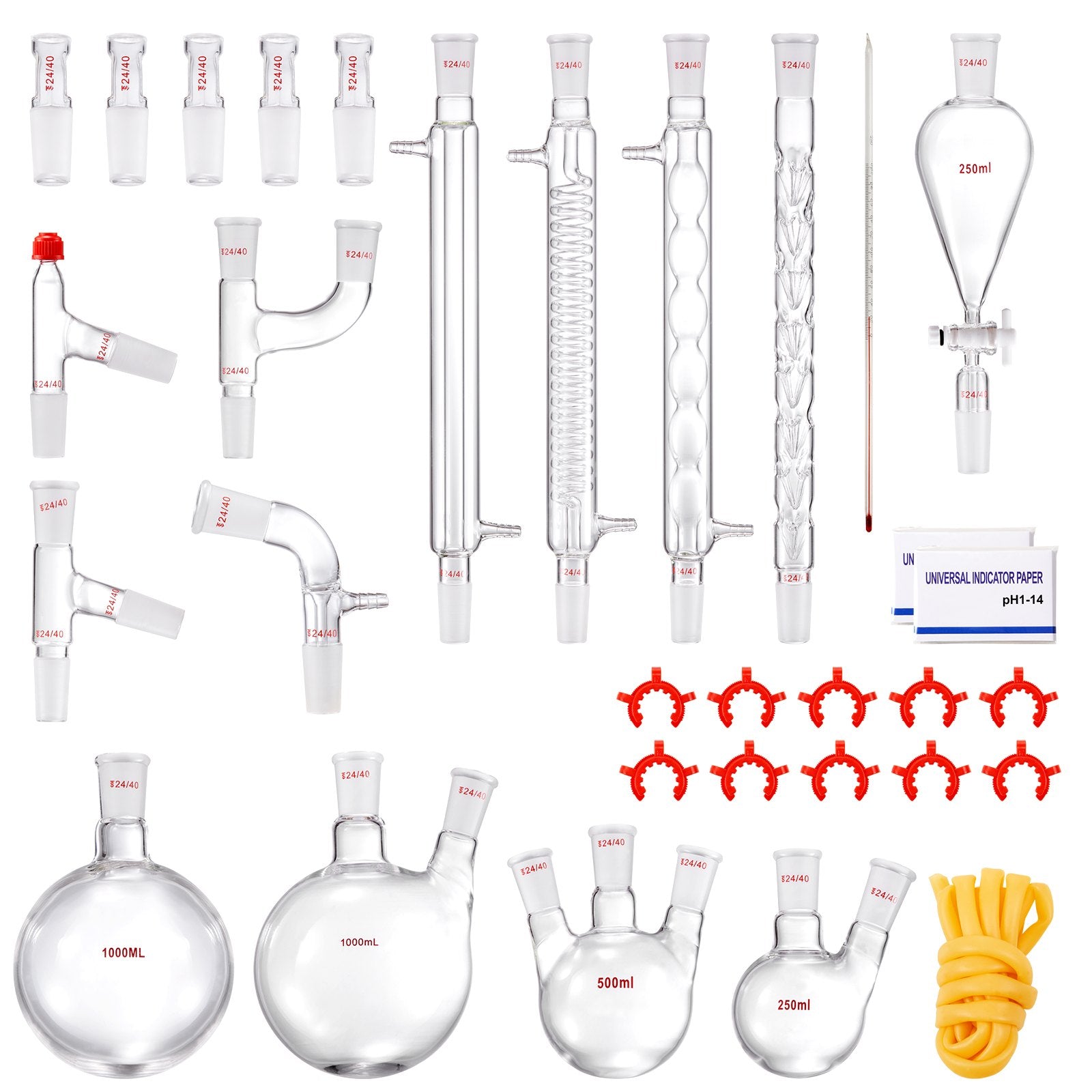 VEVOR Lab Distillation Kit, 3.3 Boro Lab Glassware Distillation Kit with 24, 40 Joint, 1000ml Essential Oil Distillation Apparatus Kit, 32 pcs Set of Glassware Equipment 