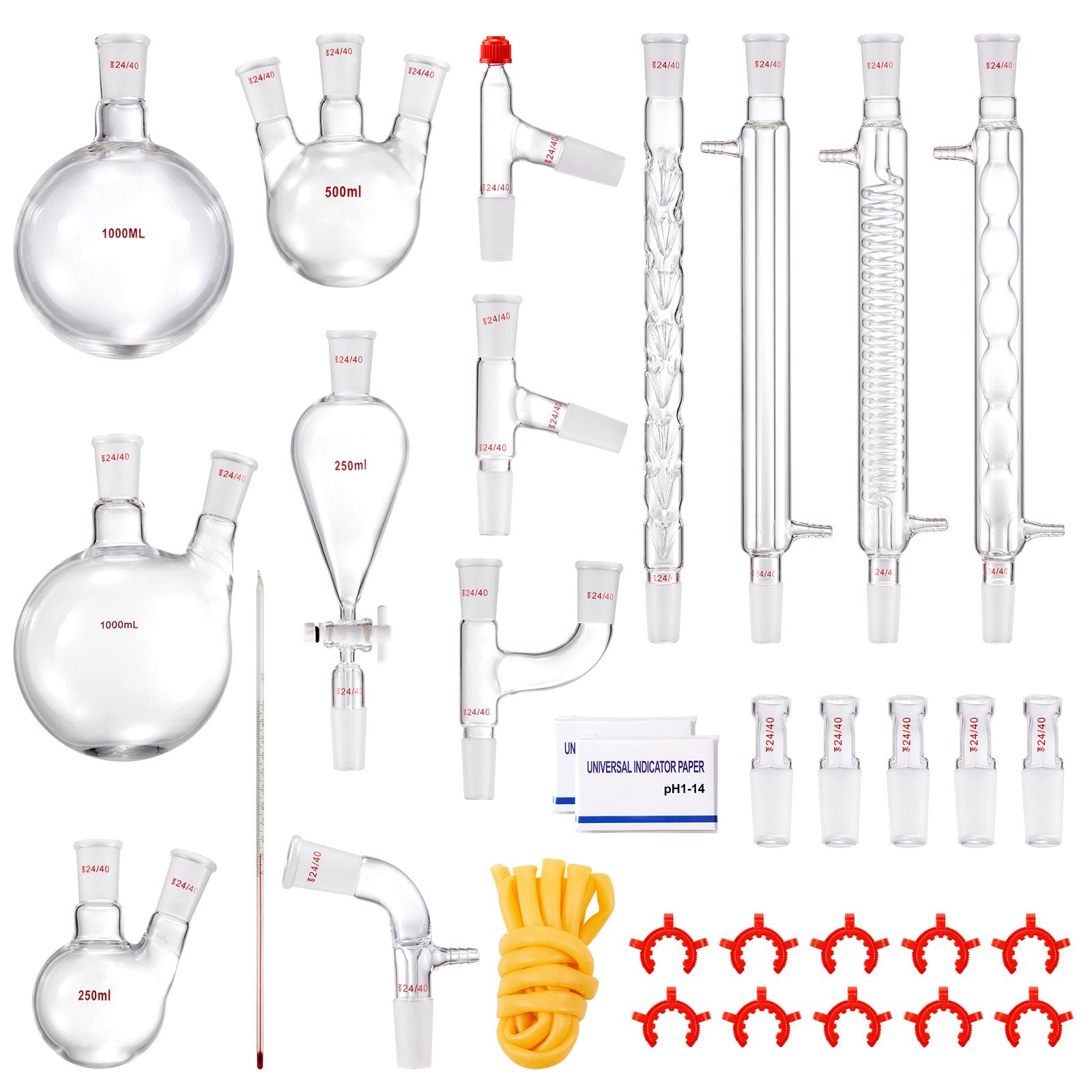 VEVOR Lab Distillation Kit, 3.3 Boro Lab Glassware Distillation Kit with 24, 40 Joint, 1000ml Essential Oil Distillation Apparatus Kit, 32 pcs Set of Glassware Equipment 