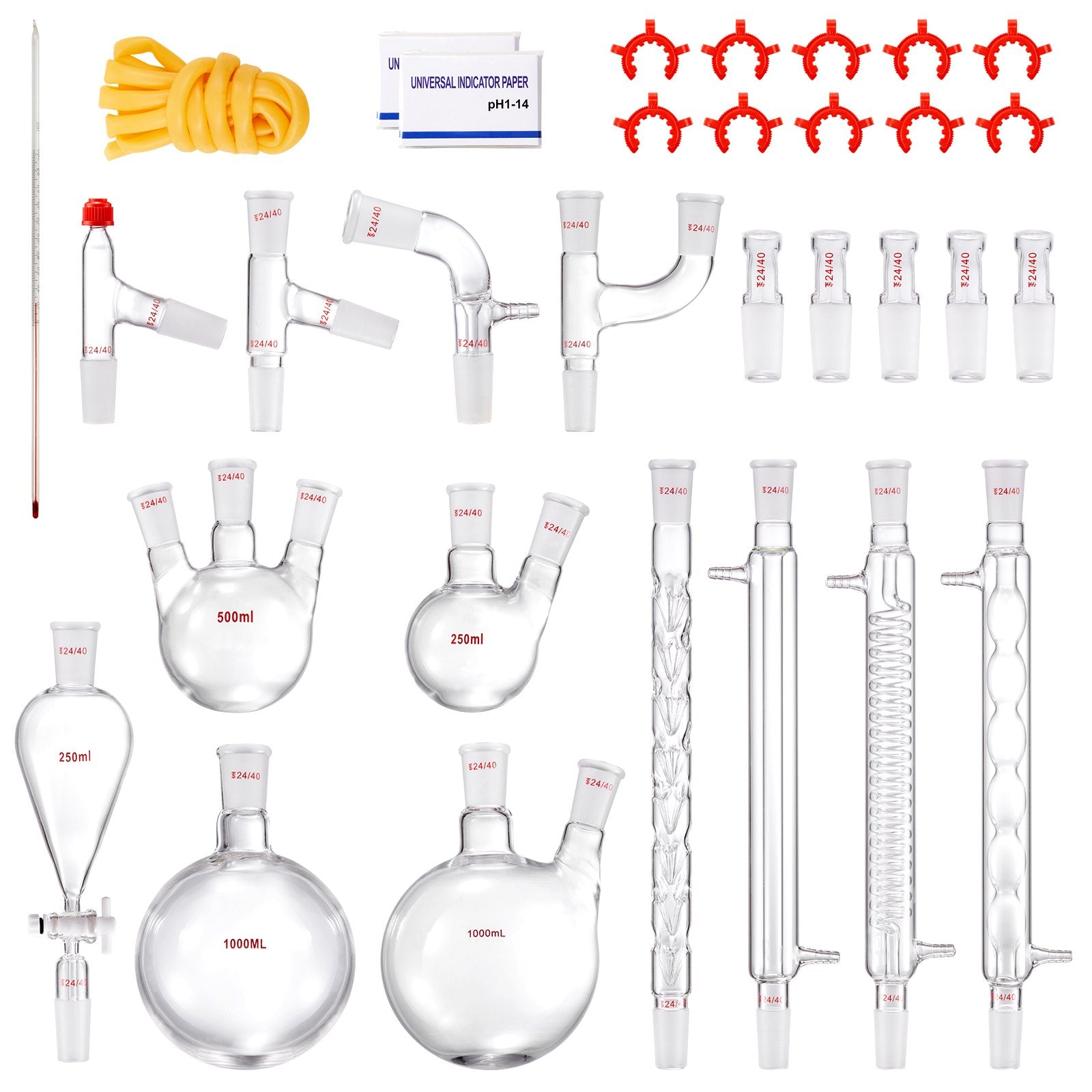 VEVOR Lab Distillation Kit, 3.3 Boro Lab Glassware Distillation Kit with 24, 40 Joint, 1000ml Essential Oil Distillation Apparatus Kit, 32 pcs Set of Glassware Equipment 