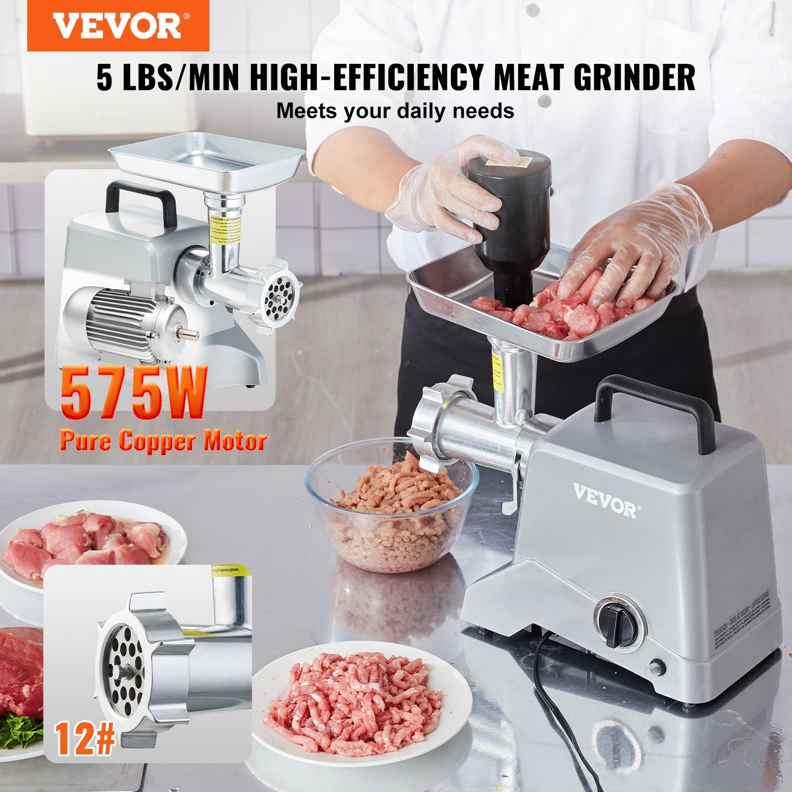 VEVOR Commercial Electric Meat Grinder 5 Lb/Min Capacity 575W Sausage Stuffer 