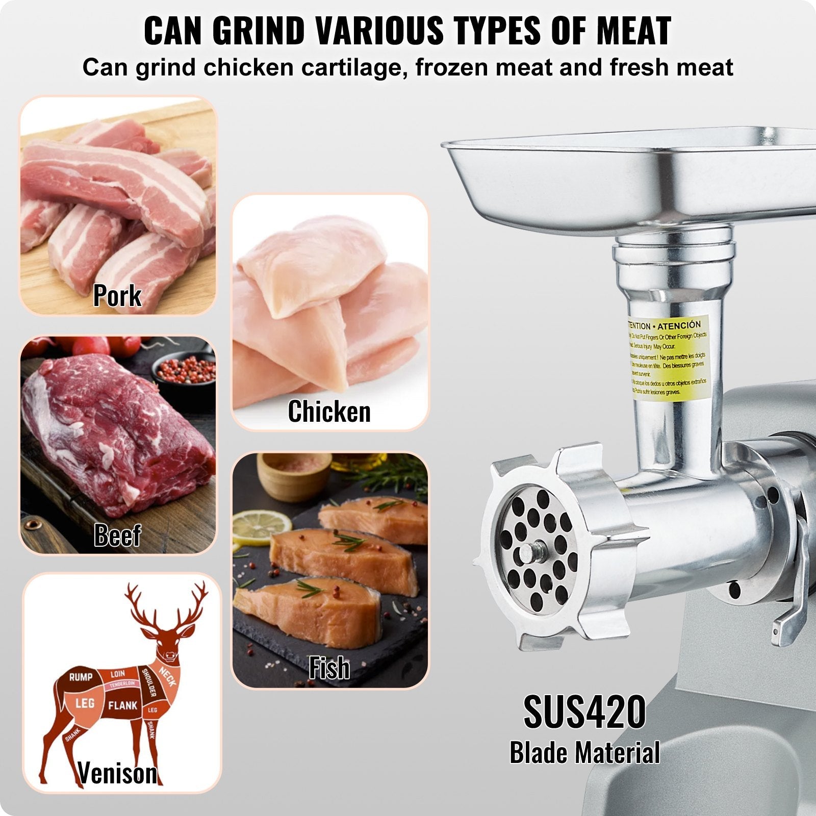 VEVOR Commercial Electric Meat Grinder 5 Lb/Min Capacity 575W Sausage Stuffer 