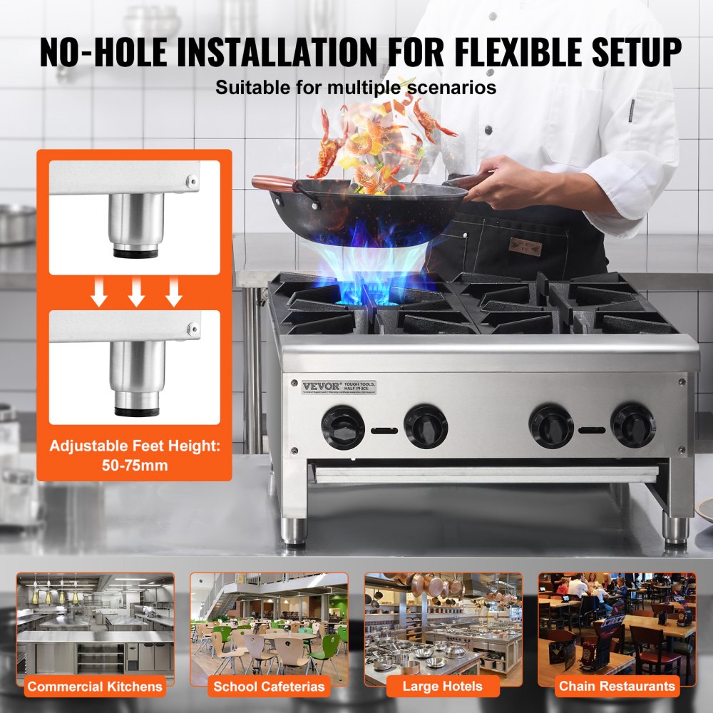 VEVOR Commercial Gas Range Stove 4 Burners Countertop Cooking Hot Plate Kitchen 