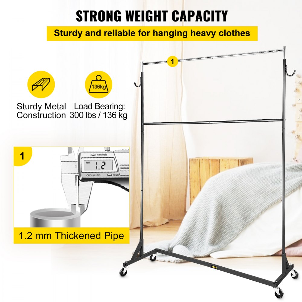 VEVOR Z Rack, Industrial Grade Z Base Garment Rack, Height Adjustable Rolling Z Garment Rack, Sturdy Steel Z Base Clothing Rack w/ Lockable Casters, for Home Clothing Store w/ Add-on Hang Rail Black 