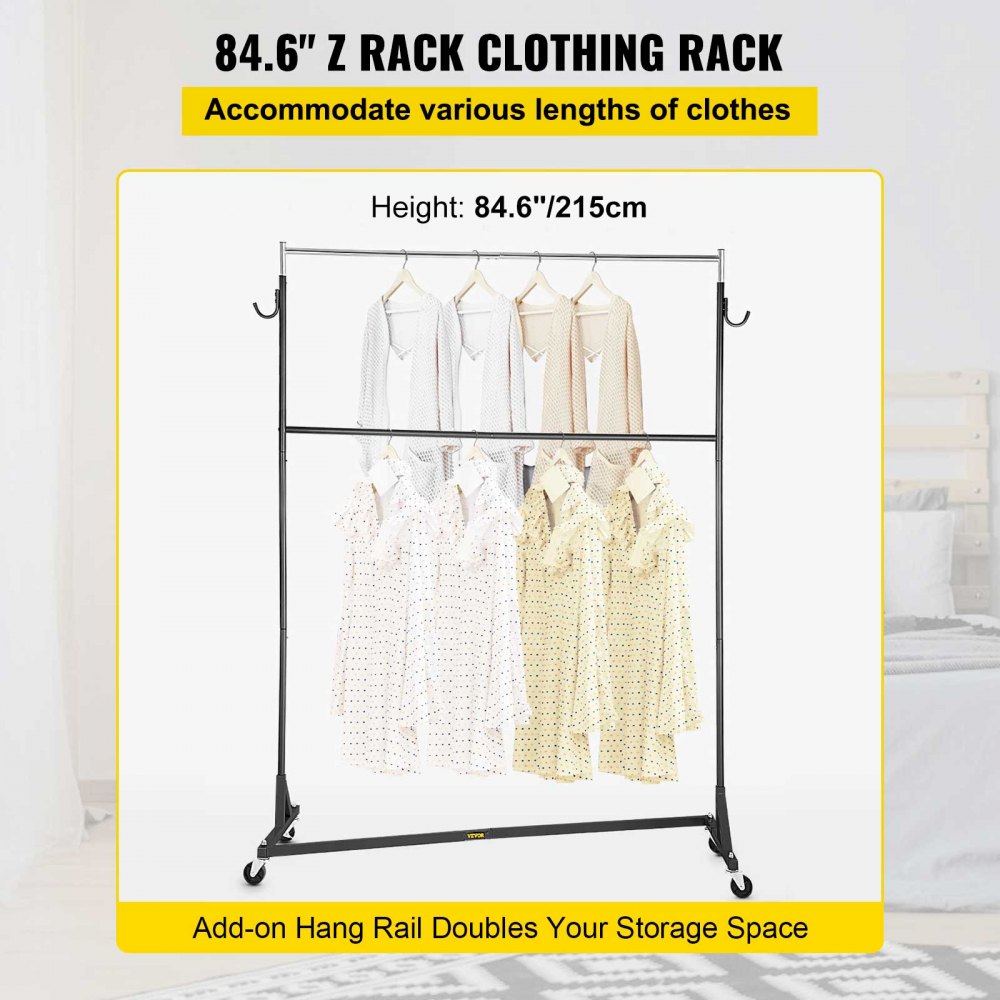 VEVOR Z Rack, Industrial Grade Z Base Garment Rack, Height Adjustable Rolling Z Garment Rack, Sturdy Steel Z Base Clothing Rack w/ Lockable Casters, for Home Clothing Store w/ Add-on Hang Rail Black 