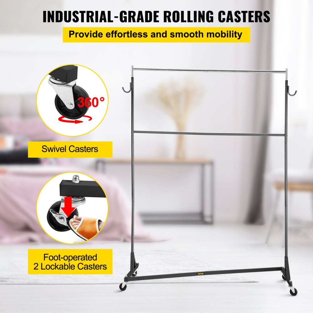VEVOR Z Rack, Industrial Grade Z Base Garment Rack, Height Adjustable Rolling Z Garment Rack, Sturdy Steel Z Base Clothing Rack w/ Lockable Casters, for Home Clothing Store w/ Add-on Hang Rail Black 