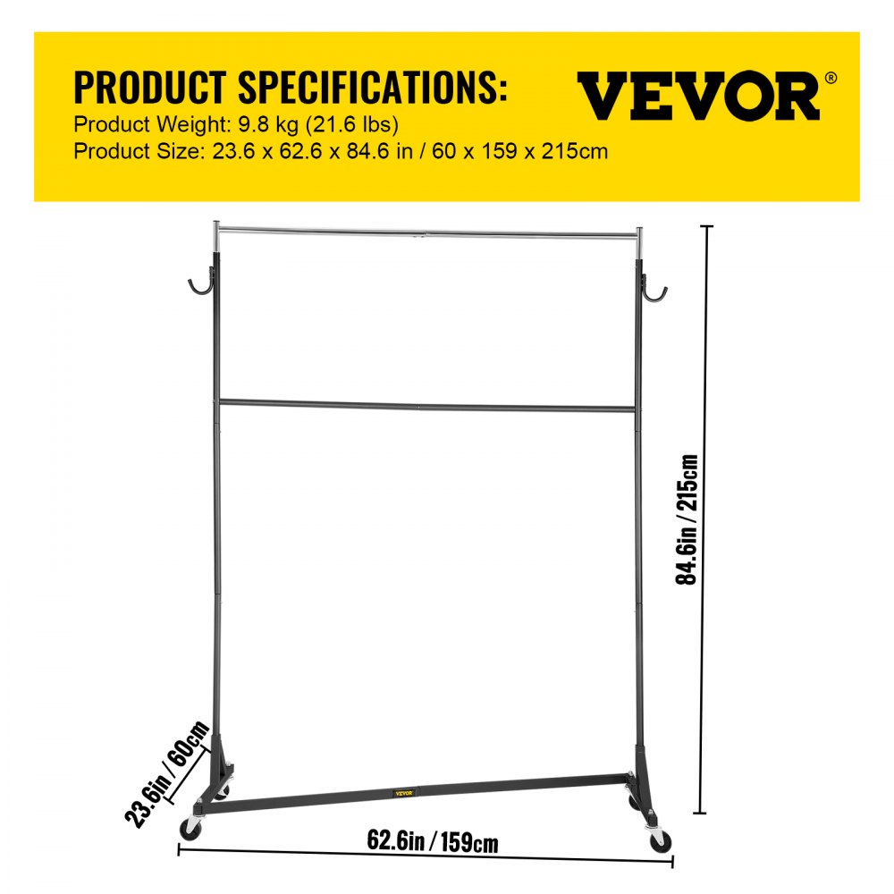 VEVOR Z Rack, Industrial Grade Z Base Garment Rack, Height Adjustable Rolling Z Garment Rack, Sturdy Steel Z Base Clothing Rack w/ Lockable Casters, for Home Clothing Store w/ Add-on Hang Rail Black 