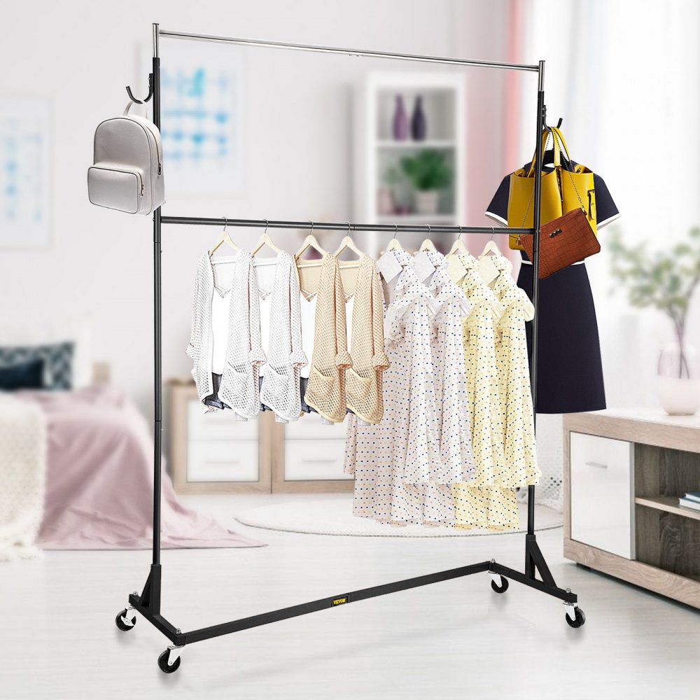 VEVOR Z Rack, Industrial Grade Z Base Garment Rack, Height Adjustable Rolling Z Garment Rack, Sturdy Steel Z Base Clothing Rack w/ Lockable Casters, for Home Clothing Store w/ Add-on Hang Rail Black 
