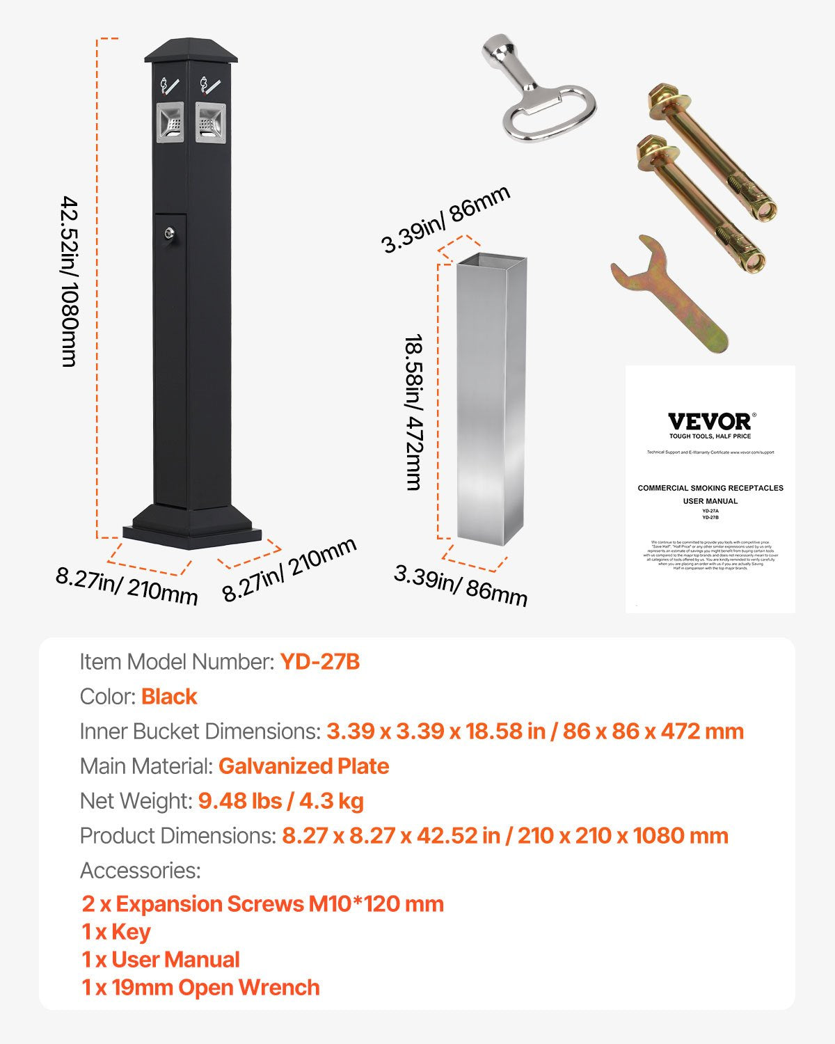 VEVOR Cigarette Butt Receptacle with 4 Disposal Openings Butt Disposal Black 