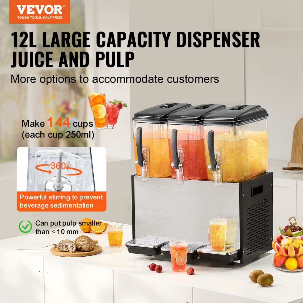 VEVOR Commercial Beverage Dispenser 12L x 3 Tanks Cold Juice Ice Drink Dispenser 