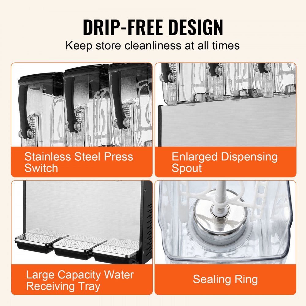 VEVOR Commercial Beverage Dispenser 12L x 3 Tanks Cold Juice Ice Drink Dispenser 