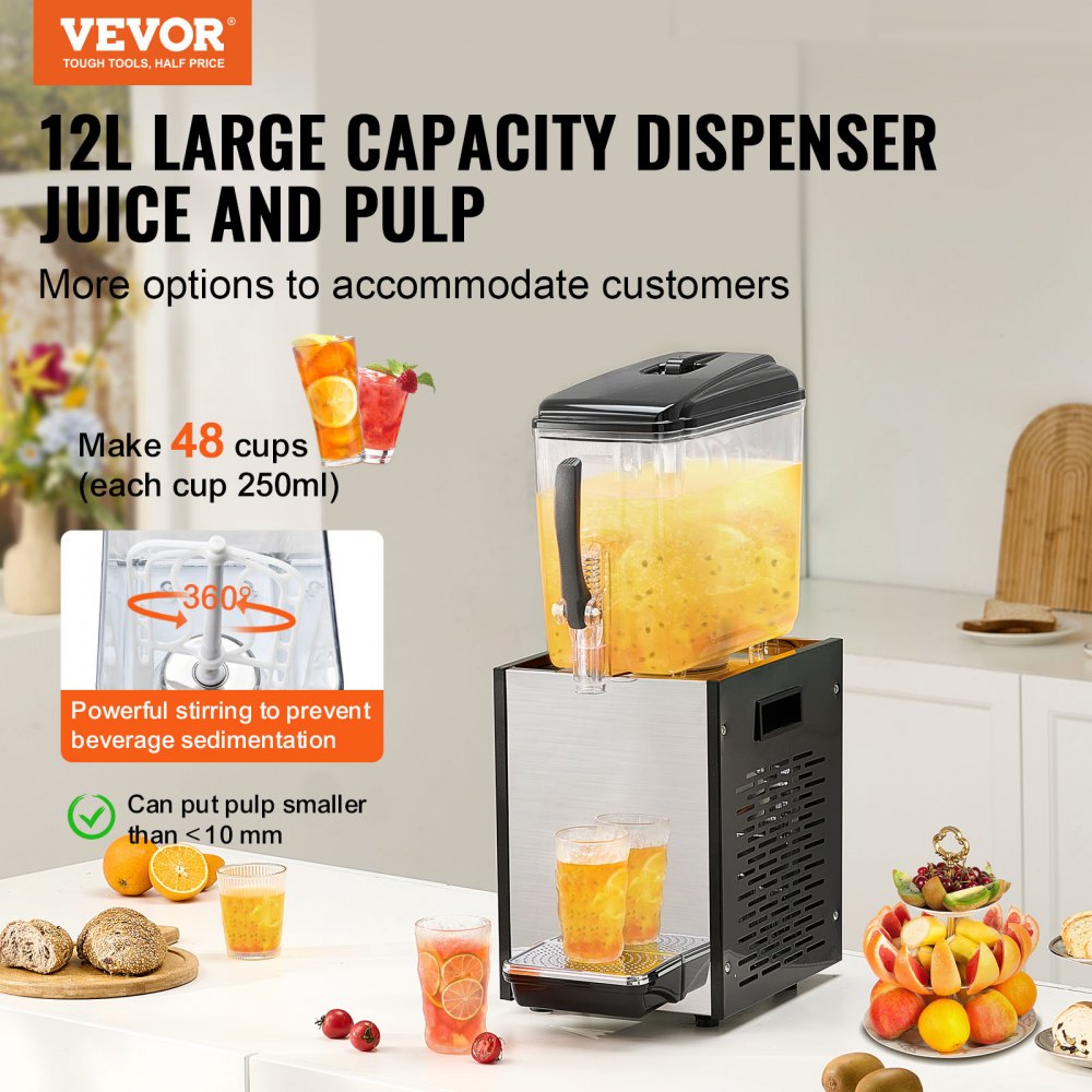 VEVOR Commercial Beverage Dispenser 12L Cold Juice Ice Drink Dispenser for Party 