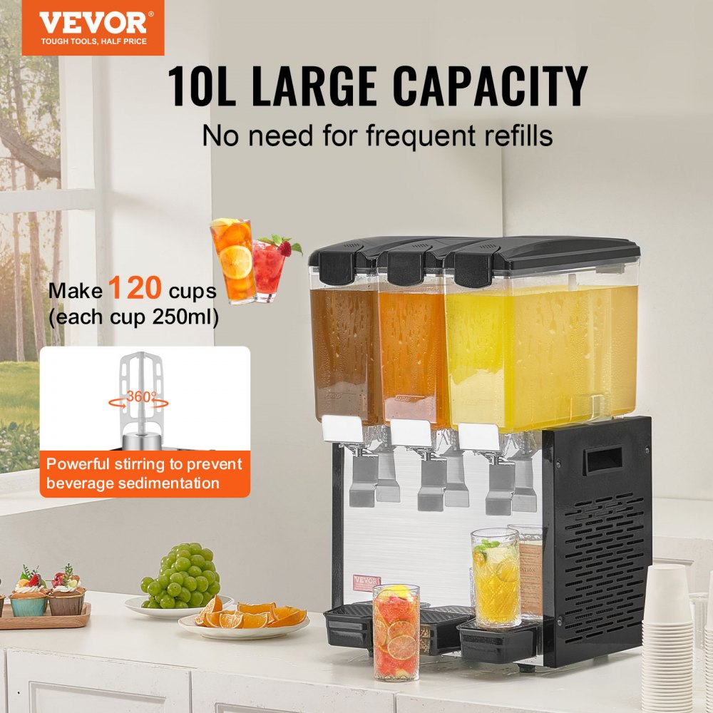 VEVOR Commercial Beverage Dispenser 10L x 3 Tanks Cold Juice Ice Drink Dispenser 
