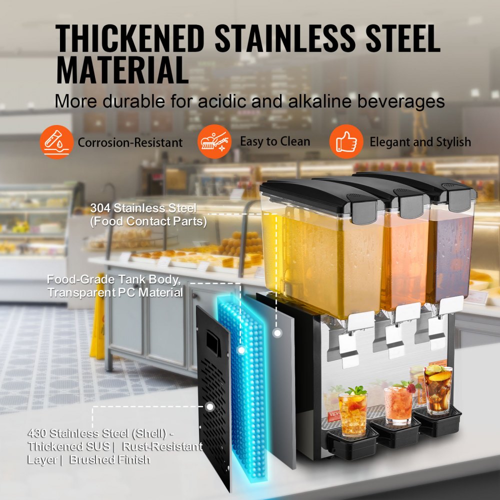 VEVOR Commercial Beverage Dispenser 10L x 3 Tanks Cold Juice Ice Drink Dispenser 