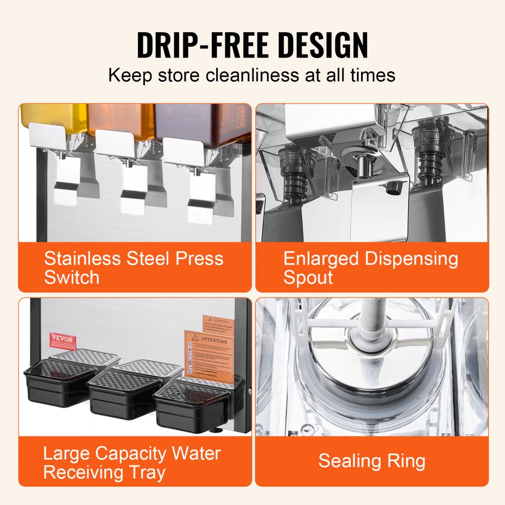 VEVOR Commercial Beverage Dispenser 10L x 3 Tanks Cold Juice Ice Drink Dispenser 