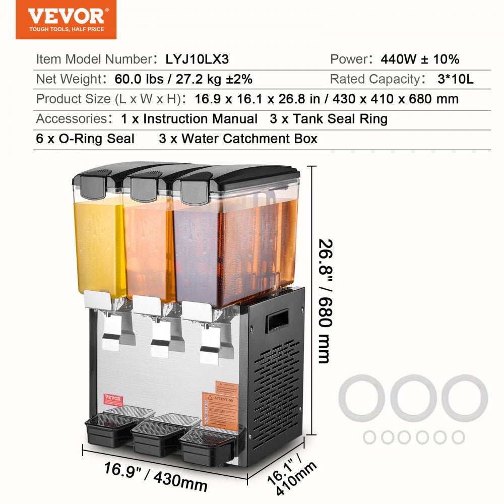 VEVOR Commercial Beverage Dispenser 10L x 3 Tanks Cold Juice Ice Drink Dispenser 