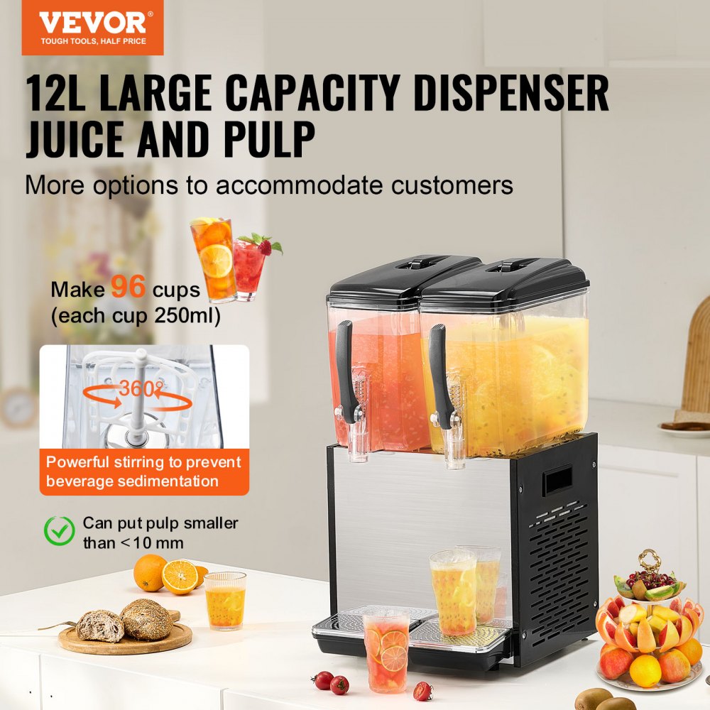 VEVOR Commercial Beverage Dispenser 12L x 2 Tanks Cold Juice Ice Drink Dispenser 
