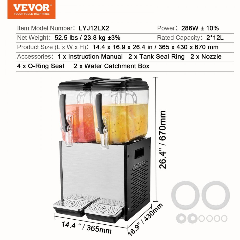 VEVOR Commercial Beverage Dispenser 12L x 2 Tanks Cold Juice Ice Drink Dispenser 