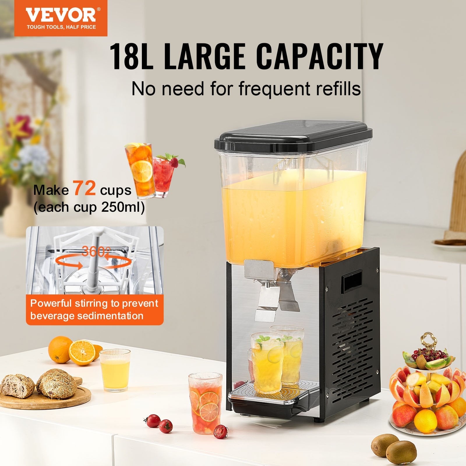 VEVOR Commercial Beverage Dispenser 18L Cold Juice Ice Drink Dispenser for Party 