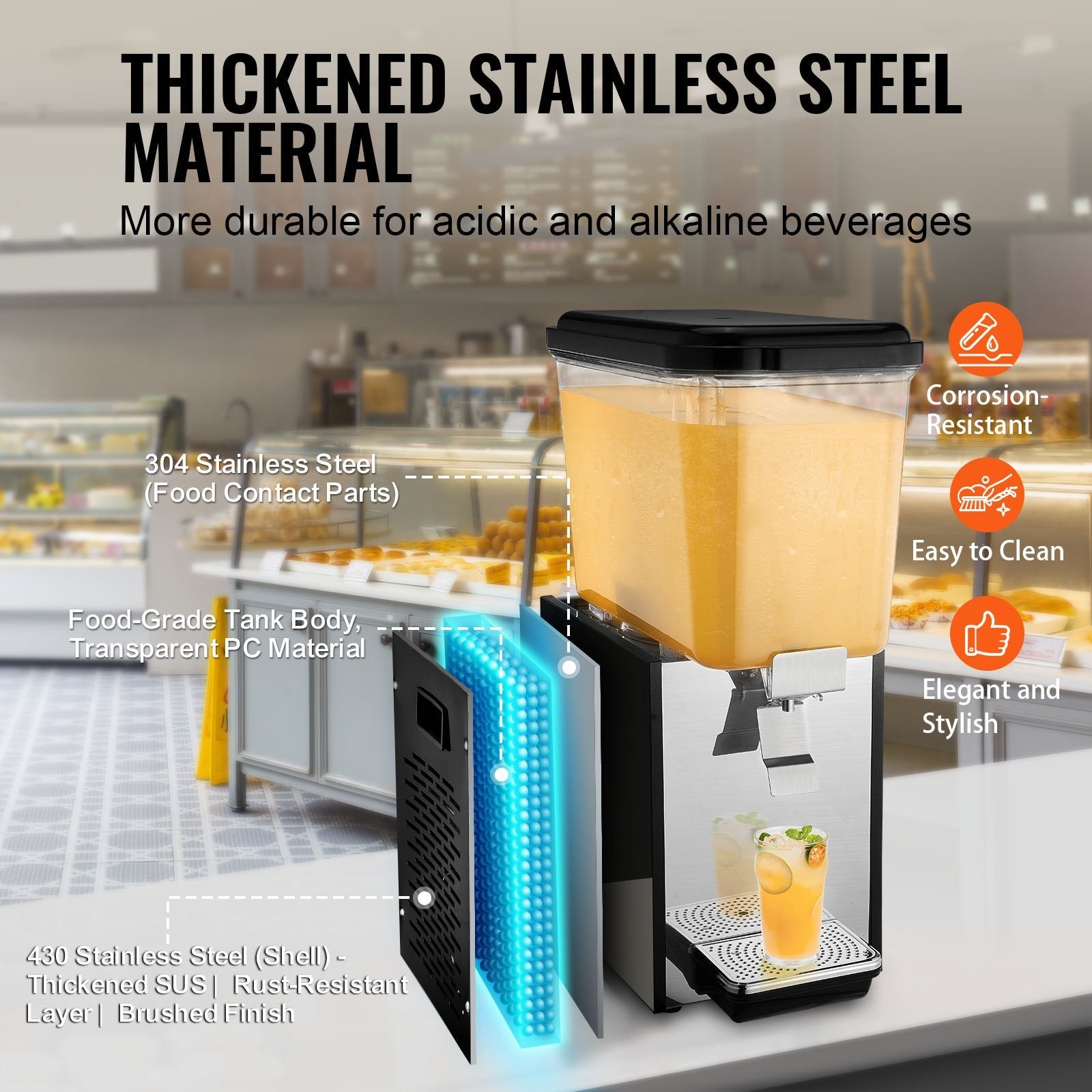 VEVOR Commercial Beverage Dispenser 18L Cold Juice Ice Drink Dispenser for Party 