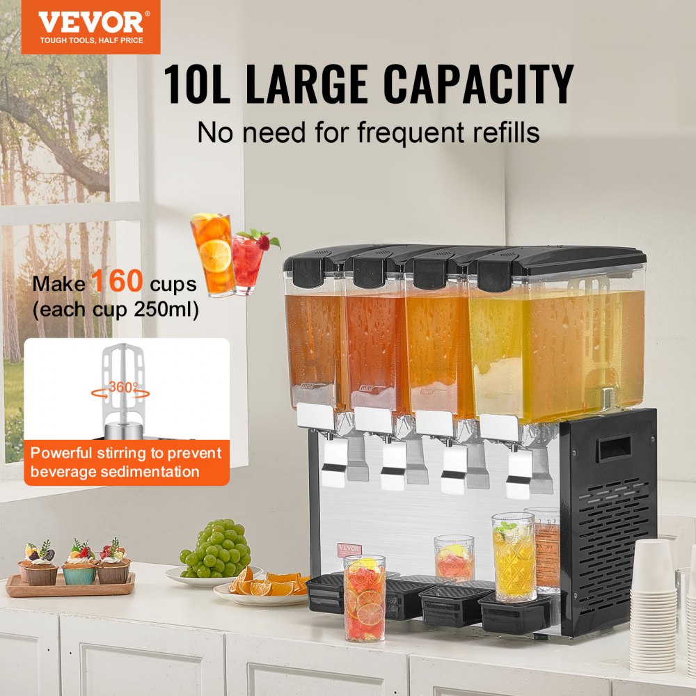VEVOR Commercial Beverage Dispenser 10L x 4 Tanks Cold Juice Ice Drink Dispenser 